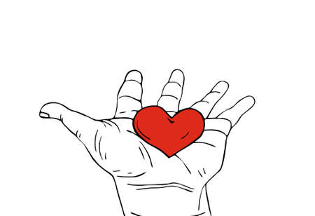 Red heart in the hand. Palms open. Drawn on a white backgroundの写真素材