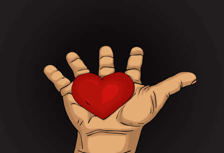 Red heart in the hand. Palms open. Drawn on dark backgroundの写真素材