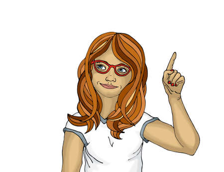 Surprised and enthusiastic young woman points with the index finger up. There was a new idea and concept.  Girl on white  background. Pop art.の写真素材