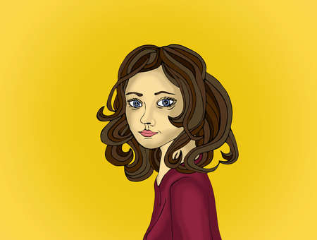 Pretty girl looks at you and smiles. Portrait on a yellow background. Pop art styleの写真素材