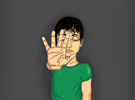Unhappy boy showing hand sign enough. Against violence. Stop the violence. Sad child closed his eyes. Portrait on the dark  background. Pop Art illustrationの写真素材