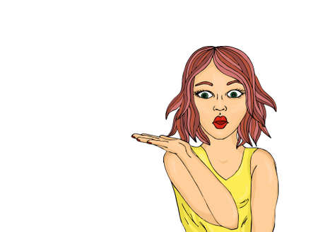 Surprised girl. Struck. Woman in shock showing palm. Sale. Pop art style. Sexy and beautiful.の写真素材