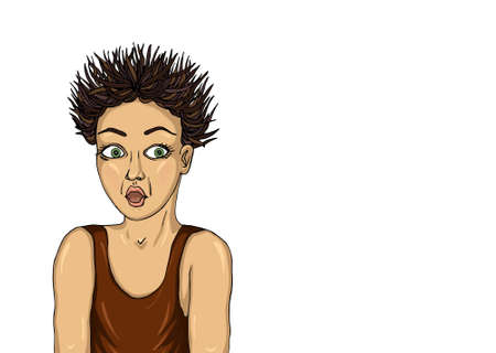 Boy in shock. Funny hair insert end. Very surprised and frightened child. Illustration pop art on a...