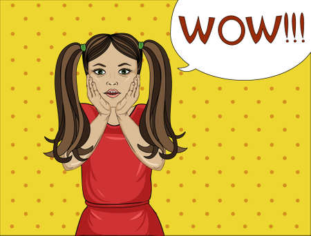 Little girl in shock. Bubble with the word WOW. The baby is very surprised. A person with an open mouth. Hands on the cheeks. Vector illustrationのイラスト素材