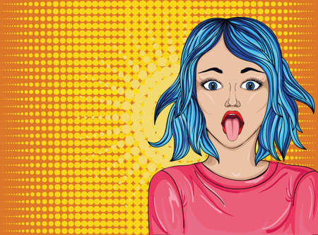 The girl stuck out her tongue. Teases. Pop Art illustration. Vector. Portrait of a woman on a bright backgroundのイラスト素材