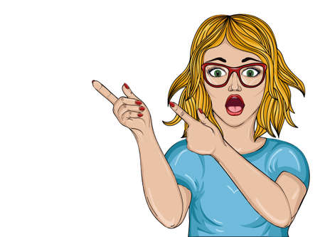 Surprised girl with glasses. Struck. Woman in shock points finger up. Pop art style. Wow.. Sale.Vector.Beautiful sexy woman on a white backgroundのイラスト素材