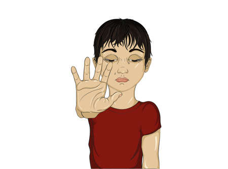 Unhappy boy showing hand sign enough. Against violence. Stop the violence. Sad child closed his eyes. Portrait on the white background. Pop Artのイラスト素材