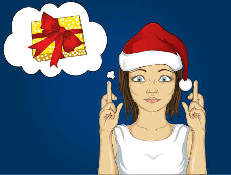 Young woman crossing her fingers. Happy girl makes a wish. She dreams of a gift. Close-up on a white background. pop art style. Thought Bubblesのイラスト素材