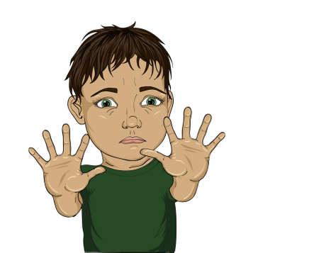Scared little boy trying to hide putting her hands forward.Vectror. Close-up portrait. Drawn  on a white background. Pop art styleのイラスト素材