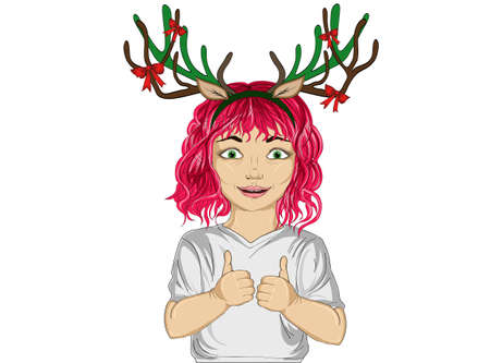 Happy little girl with Christmas deer horns on his head. It shows the gesture class. Thumbs up. illustration on a white background. Portrait in a pop art styleのイラスト素材