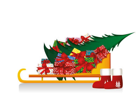Sled full of gifts and Christmas tree and boots. Winter Christmas and New Year holidays. Boxes of different sizes and colors. Isolated on white backgroundのイラスト素材