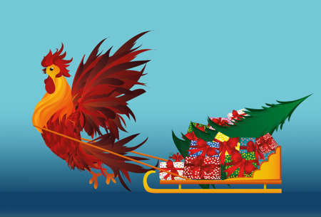 Rooster lucky sled with gifts and Christmas tree.  Sled full of gifts. Winter  New Year holiday. Boxes of different sizes and colors. Sleigh whith cock on blue backgroundのイラスト素材