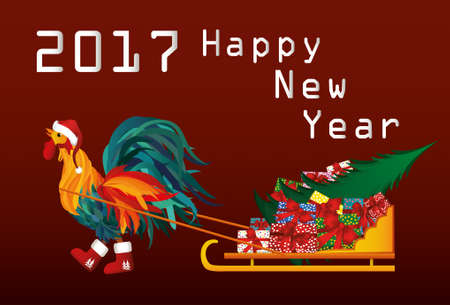 Rooster in boots and cap of Santa Claus  lucky sled with gifts and Christmas tree.  Sled full of gifts. Winter  New Year holiday. Boxes of different sizes and colors. Sleigh  on red backgroundのイラスト素材