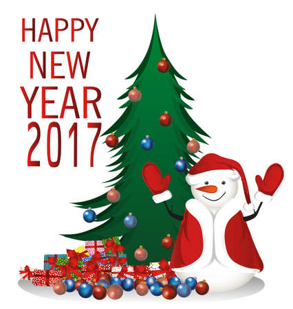 Christmas and New Year card. Snowman with gifts under the Christmas tree and Christmas balls.のイラスト素材