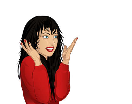 Beautiful woman looking surprised and shows hands wow.  Portrait of a girl on a white  background. Pop art styleのイラスト素材