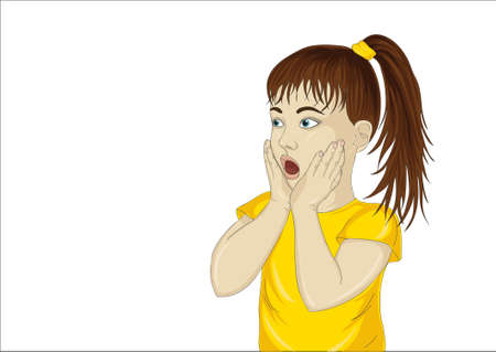 Wow. Girl looking surprised and shows hands wow. Vector. Portrait on white  background. Pop art styleのイラスト素材