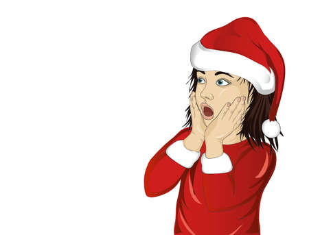 Wow. Girl in Santa Claus costume very surprised. Child with her mouth open in shock.  Pop art style on white backgroundのイラスト素材