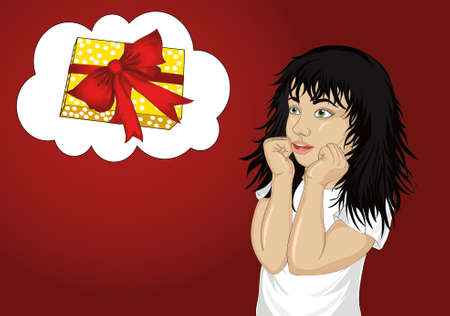 Wow. Girl looking surprised and shows hands wow.  Child dreaming about a gift on a red background. Pop art style. Thought bubblesのイラスト素材