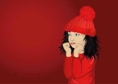 Wow. Girl looking surprised and shows hands wow.  Portrait on red  background. Pop art styleのイラスト素材