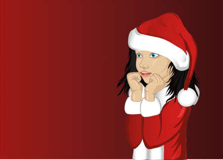 Wow. Girl in Santa Claus costume very surprised.  Portrait dreaming baby on a red  background. Pop art style.のイラスト素材