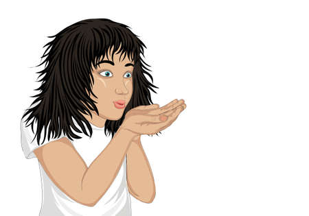 Wow! Happy girl blowing something from her hands. Vector.  Empty space for advertising. Vector. Portrait of a child on a white background. Pop art styleのイラスト素材