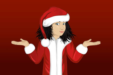 Little happy girl showing a gesture with two hands at empty copy space red background. Open palm. Portrait child in Pop art style. Vector illustration.のイラスト素材