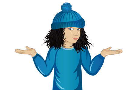 Little happy girl in hat showing a gesture with two hands at empty copy space. Open palm. Portrait child on white background in Pop art style.のイラスト素材