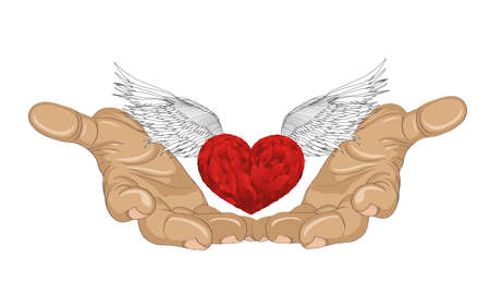 Gesture open palm. Hand gives heart with wings. St. Valentine's Day. The concept of love. Vector illustration on white backgroundのイラスト素材