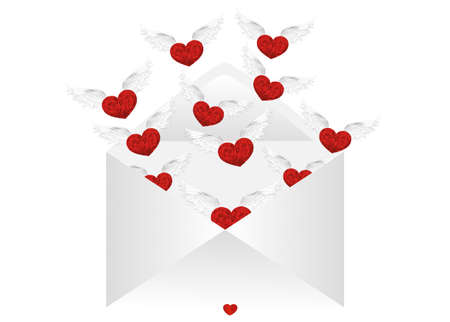 Open envelope with departing hearts with wings. Valentine's Day. Love inside. Vector illustration. Greeting cardのイラスト素材