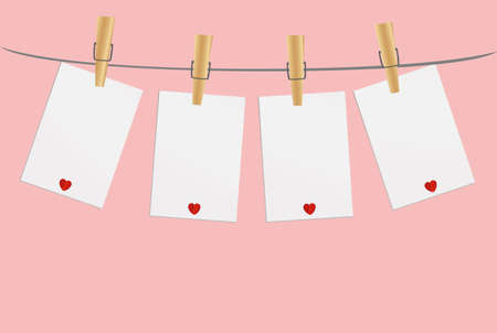 Four blank paper with red heart hanging on the wooden cloth pegs. Free space for your writing or advertising. St. Valentine's Day. Greeting card. Vector illustration on a pink backgroundのイラスト素材