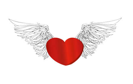 Design red heart with wings. Vector. Isolated on white backgroundのイラスト素材