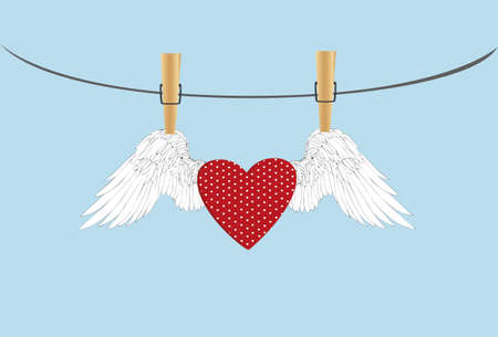 Red heart with wings hanging on a rope. clothes pegs hold it aloft. St. Valentine's Day. Greeting card. Vector illustration on a blue backgroundのイラスト素材