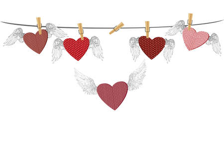Red  with wings hanging on the rope and one flying. Pins keep them suspended. St. Valentine's Day. Greeting card. Vector illustration on a white backgroundのイラスト素材