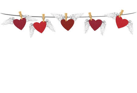 Five Red hearts with wings hanging on a rope. clothes pegs hold it aloft. St. Valentine's Day. Greeting card. Vector illustration on a white backgroundのイラスト素材