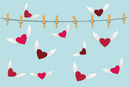 Red heart with wings flying around the rope with clothespins. Free flight. Valentine's Day. Greeting card. Vector illustration on a blue backgroundのイラスト素材