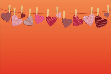 Red hearts  with a picture hanging on a rope. Valentine's Day. Vector illustration. Greeting card with empty space for your label or advertising. On a orange backgroundのイラスト素材