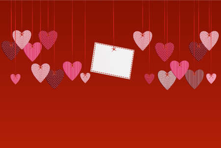 Red hearts and blank paper with a picture hanging on a rope. Valentine's Day. Vector illustration. Greeting card with empty space for your label or advertising. On a red backgroundのイラスト素材