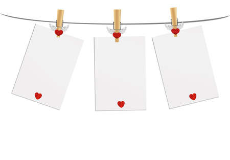 Three blank paper with red heart hanging on the wooden cloth pegs. Free space for your writing or advertising. St. Valentine's Day. Greeting card. Vector illustration on a white backgroundのイラスト素材