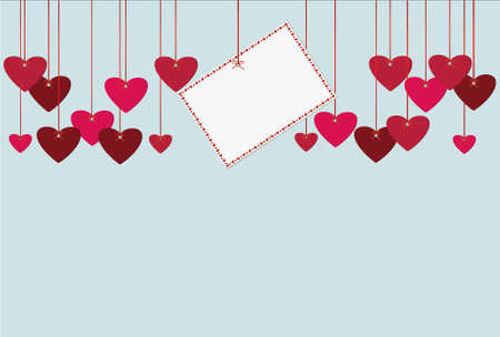 Red hearts and blank paper with a picture hanging on a ribbon. Valentine's Day. Vector illustration. Greeting card with empty space for your label or advertising. On a blue backgroundのイラスト素材