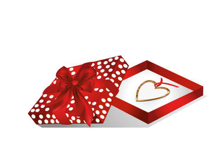 Open gift red box with Pendant in the shape of a heart. Golden necklace. Gift on Valentine's Day. Greeting card. Vector illustration isolate on a white backgroundのイラスト素材