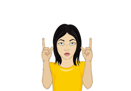 Girl in shock and with an open mouth and raised her hands gesture showing his index finger upwards. The woman looks up. Vector illustration in pop art style on a white background. Empty space for your advertising. Wowのイラスト素材