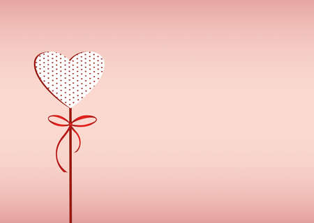 Red heart on a stick with bow and ribbon. Valentine's Day. Vector illustration. Greeting card with empty space for the text or advertising. On a pink backgroundのイラスト素材