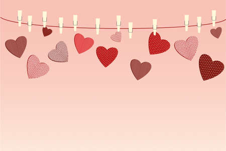 A red heart with a picture hanging on a rope with clothespins, and break away from them. Valentine's Day. Vector illustration. Greeting card with empty space for the label or advertising. On a white backgroundのイラスト素材