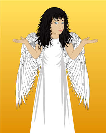 Little happy girl angel with wings showing a gesture with two hands at empty copy space white background. Open palm. Portrait child in Pop art style. Vector illustration.のイラスト素材