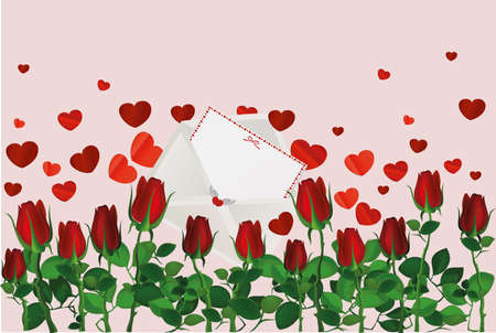 Beautiful red flowers. Roses with envelope and hearts. Empty space for your ad or inscriptions or messages. Postcard on Valentine's wedding and birthday. Free place. Vector illustration on a pink backgroundのイラスト素材