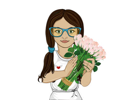 Little girl with glasses thinking. The child is holding Bouquet of pink roses. Beautiful flower. Portrait on a white background. Postcard on Valentine's Day and Mother's Day. Vector illustration pop art. Empty space for textのイラスト素材