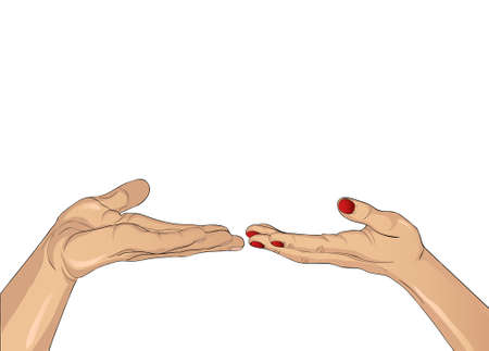 Hands of a man and a woman is drawn into each other's hands empty space. They touch each other Free space for your ad or text. Vector illustration isolated on white backgroundのイラスト素材
