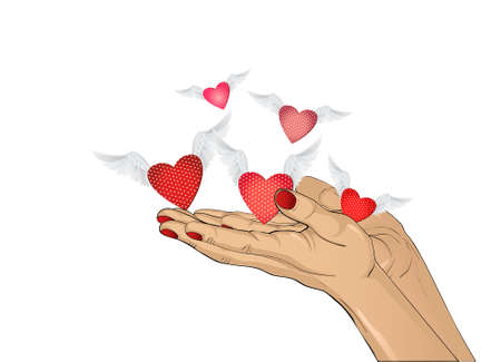 Gesture open palms. From stacked hands fly red heart with wings. Vector illustration. Valentine's Day. love concept. Greeting cardのイラスト素材