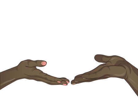 Black Hands of a man and a woman is drawn into each other's hands empty space. They touch each other Free space for your ad or text. Vector illustration isolated on white backgroundのイラスト素材