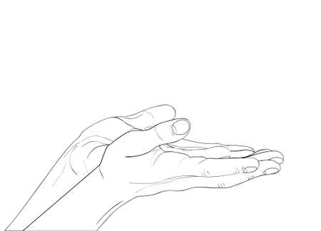 Gesture open palms. Two Hand gives or receives. Contour graphic style. Black and white. Vector illustration on white background. Empty space for advertisingのイラスト素材